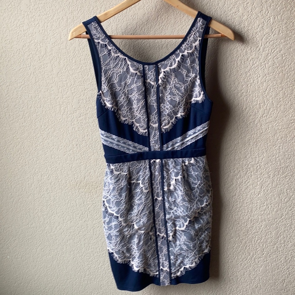 Lush navy blue with blush lace sheath dress, size small